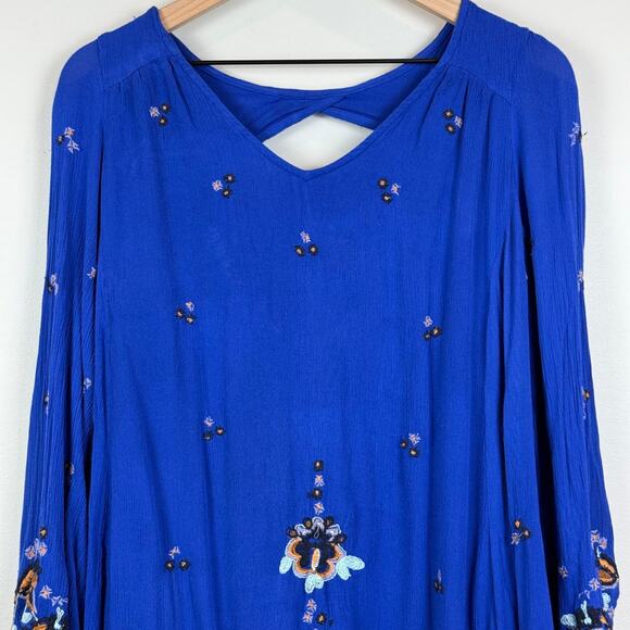 Free People Mini Dress Womens M Royal Blue Oxford Embroidered Oversized Bohemian - Picture 4 of 11